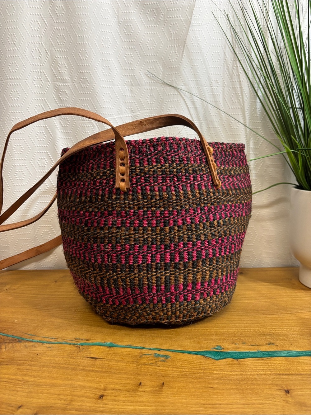 Farmers Market Woven Basket leather strap Tote